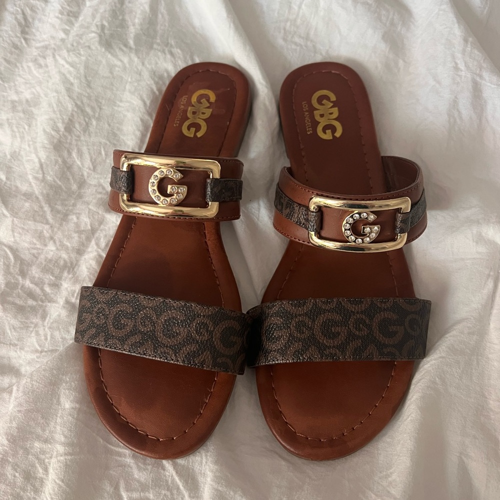GBG Los Angeles Brown Sandals with Gold Accents